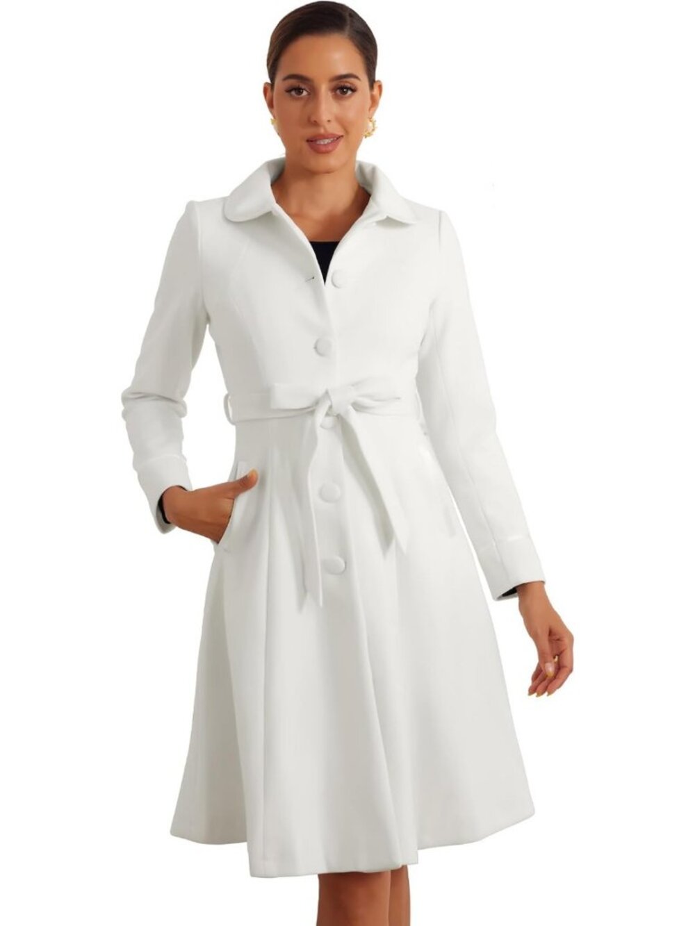 Chic Women's Winter Coat, Peter Pan Collar, Notch Lapel, Flared A-Line Peacoat